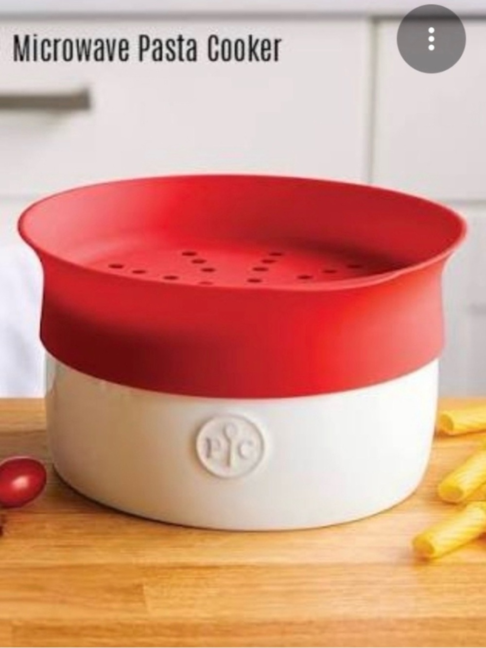 Pampered Chef Red and White Microwave Pasta Cooker with Straining Lid